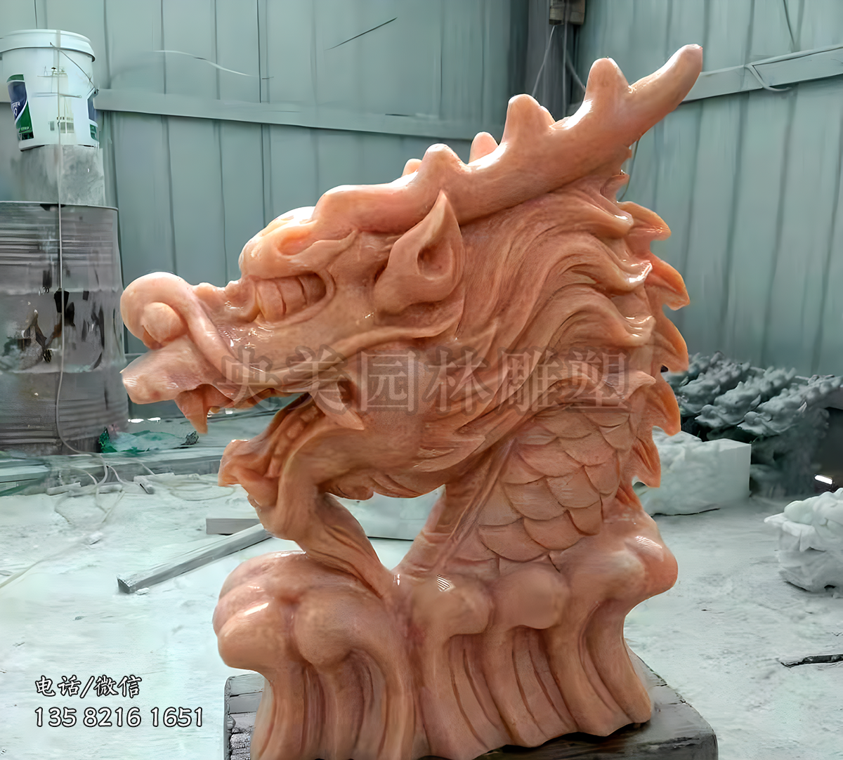 晚霞红大理石石刻龙头雕塑摆件