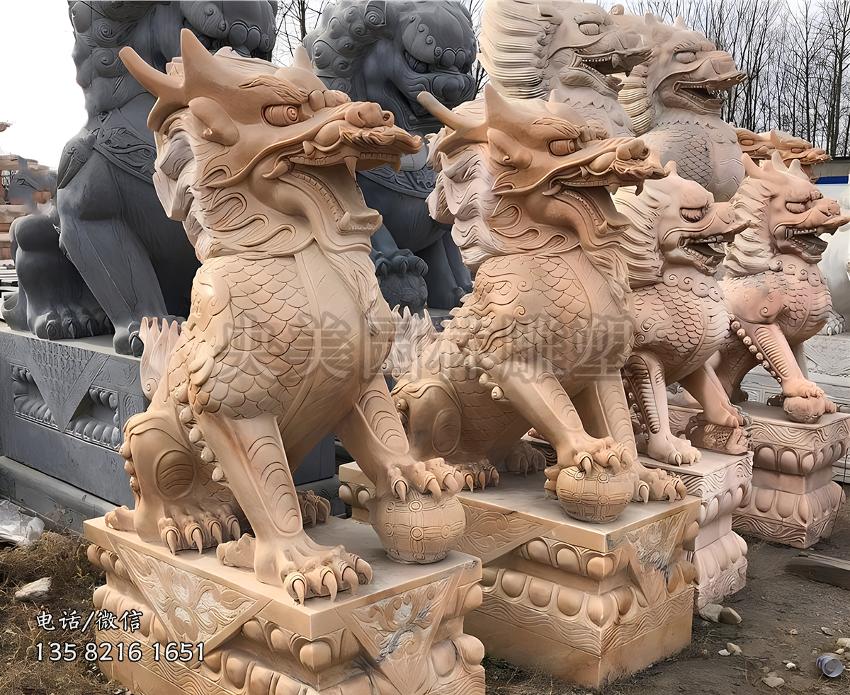 大理石晚霞红瑞兽麒麟雕塑