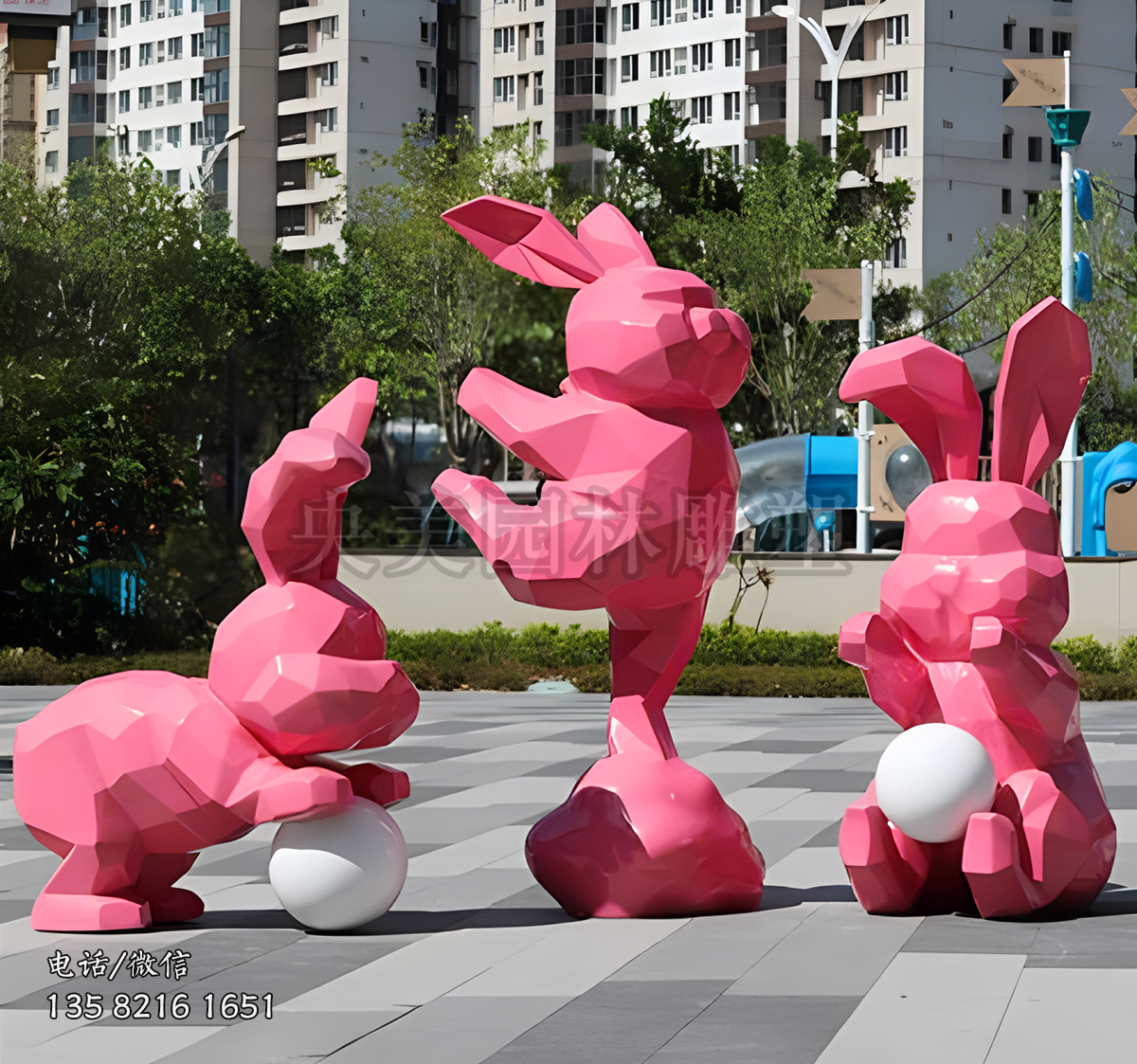 红色几何造型块面兔子雕塑