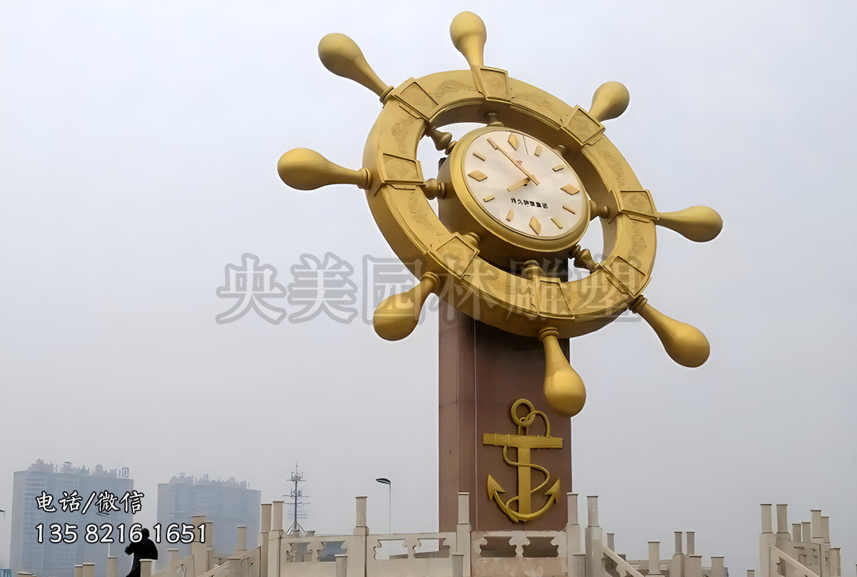 不锈钢船舵造型时钟雕塑